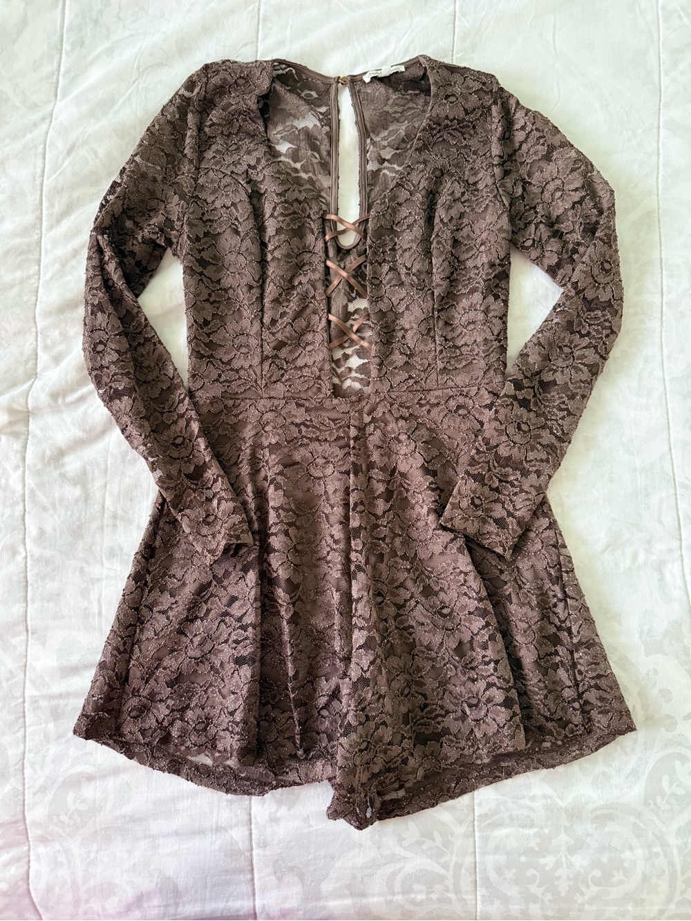 Charlotte Russe Brown Lace Long-Sleeve Romper with Lace-Up Front
